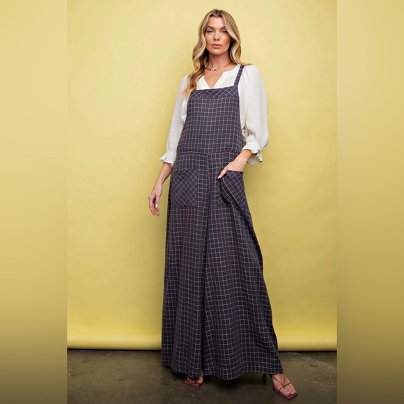 Pants - Easel Charcoal Grey Checkered Jumpsuit